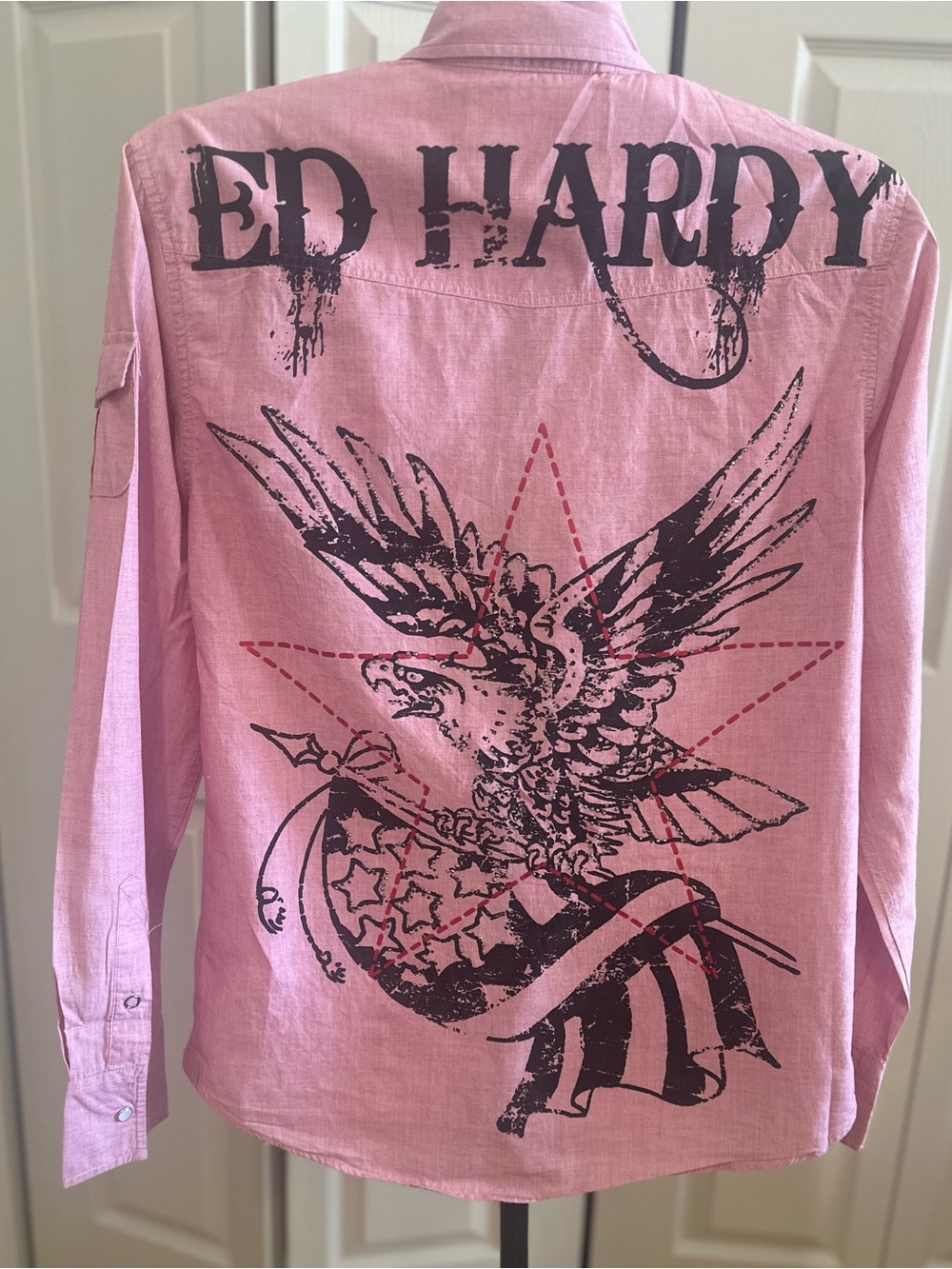 Vintage Y2K Ed Hardy by Christian Audigier Pink Rhinestone Eagle Button Up Shirt